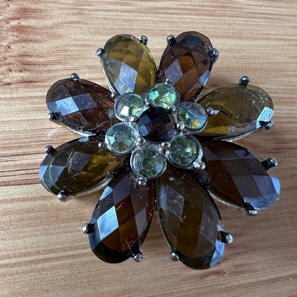 LARGE Vintage Faceted Prong-Set Smoky Topaz And Green Rhinestone Floral Brooch - Picture 7 of 9
